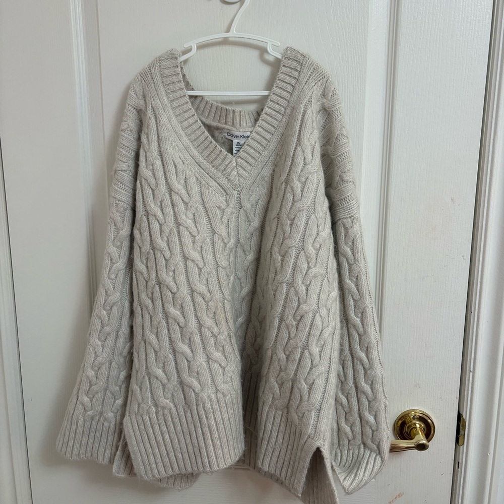 Calvin Klein Beige Cable Knit V-Neck Sweater